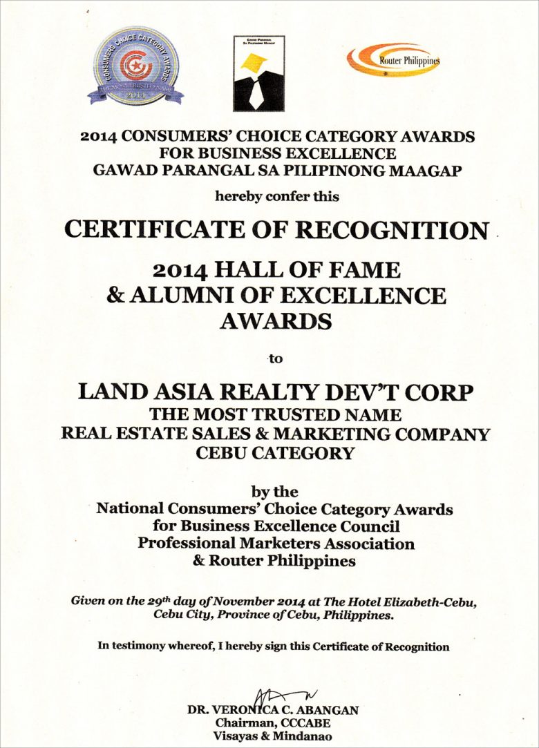 Hall Of Fame Certificate Land Asia Realty